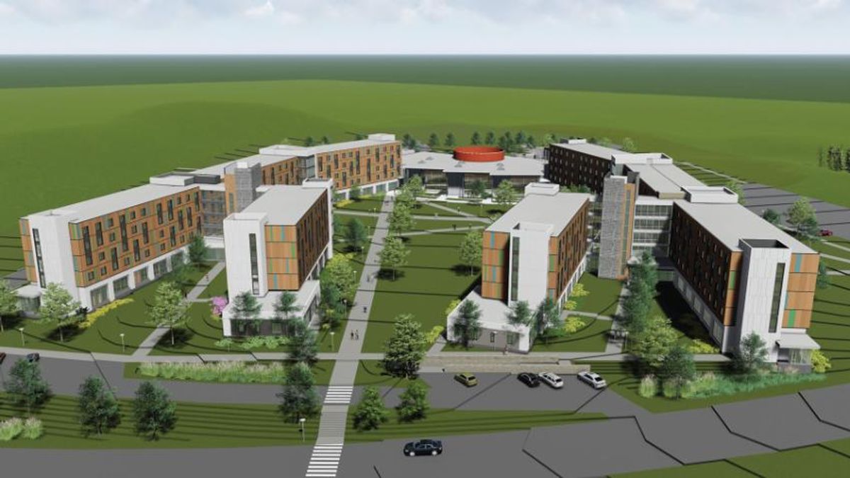 Rendering - planned residential and dining facilities project, from Ring Road.