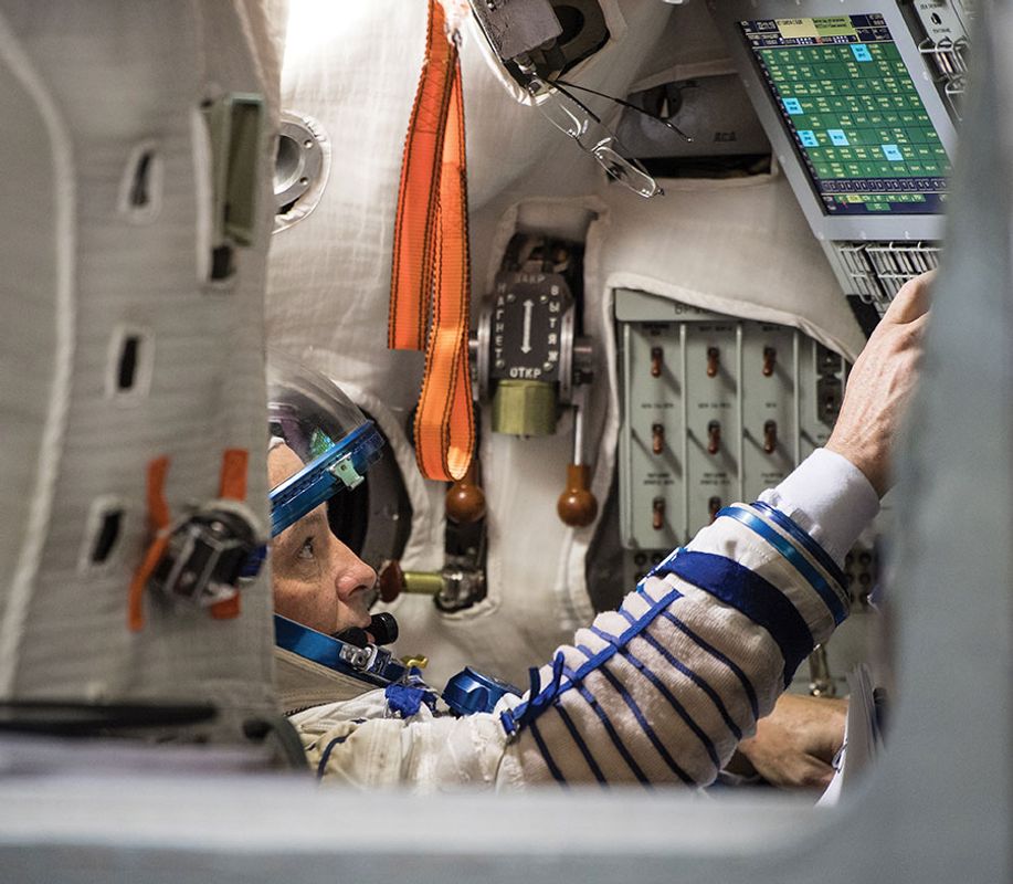 Scott Tingle at the controls of the International Space Station.