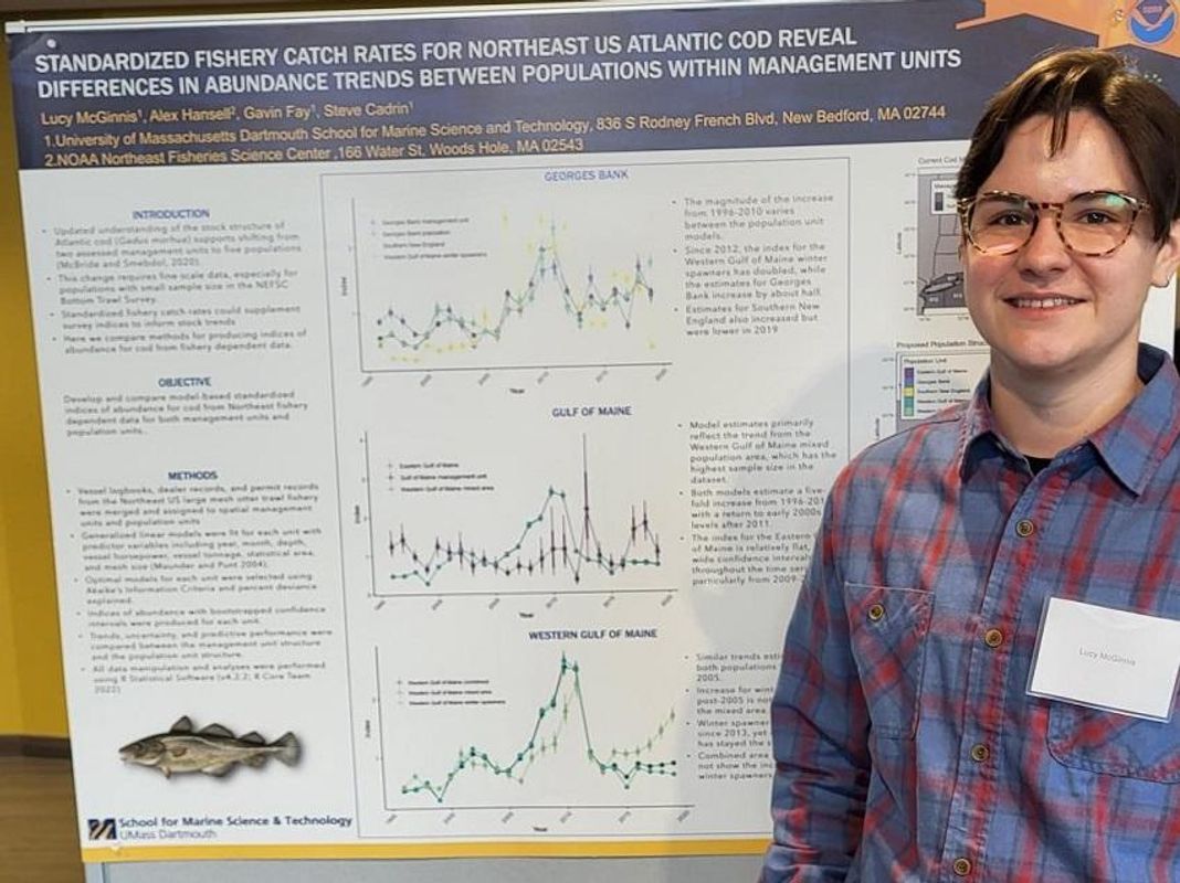 smast student lucy mcginnis standing in front of their research poster at the 2023 IMS symposium