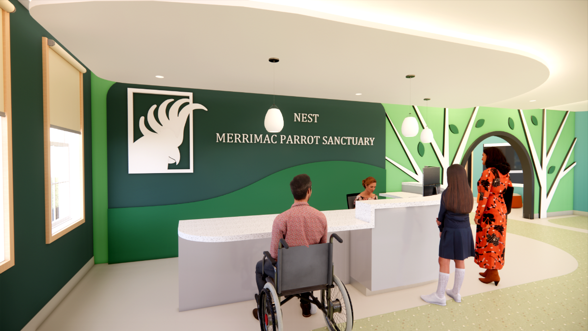 Front desk rendering of a parrot sanctuary as part of Amaral's senior thesis