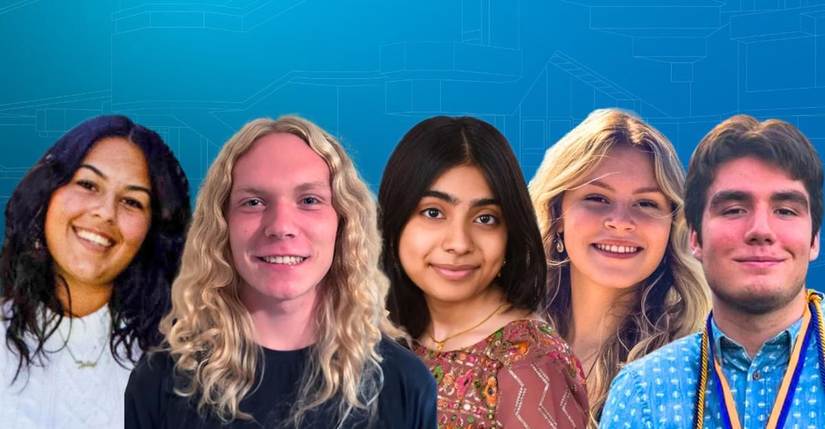 a line up of students Julia Ribbon, Jacob Cuouto, Faiza Rahaman, Laryssa Desouza, and Dominic Deoliviera