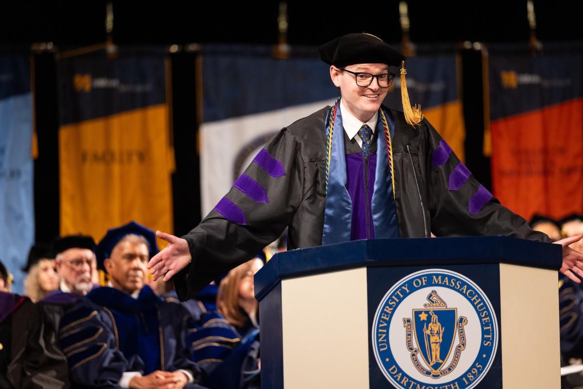 Riley speaks at the 2026 commencement ceremony.