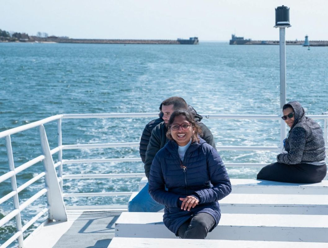 Data science master's student Trina Xavier on a boat tour during the Blue Tech Externship