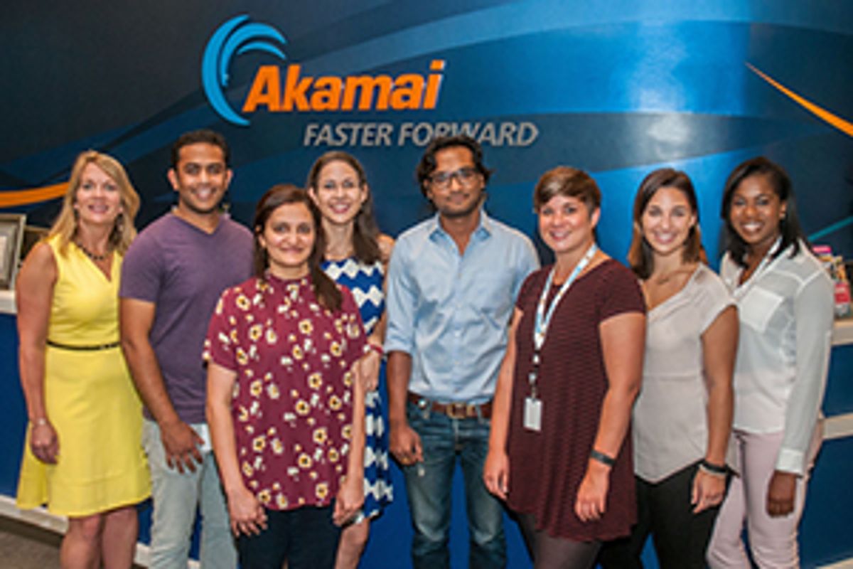 Ashley Gelin with UMassD interns and alumni at Akamai Technologies