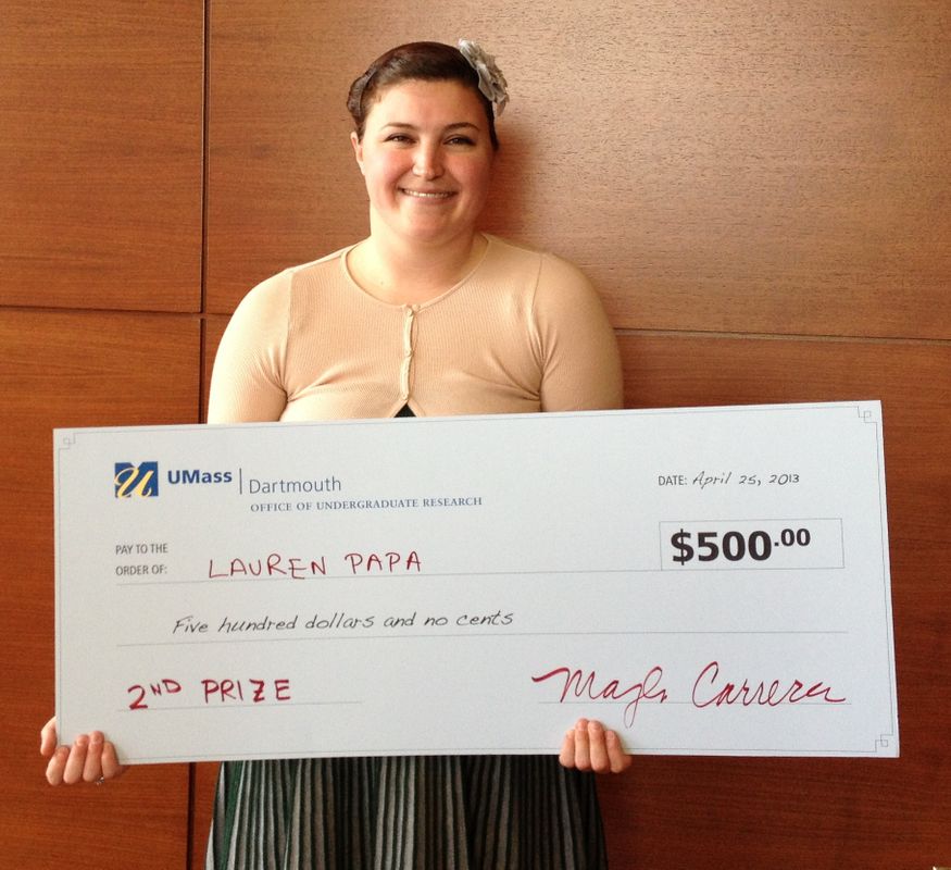 Lauren Papa accepting award for 2nd place in the 2013 Office of Undergraduate Research Day competition