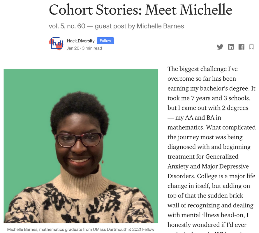 Michelle Barnes (B.A. UMassD Mathematics '20) was named a Hack Diversity Fellow