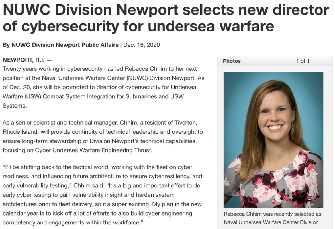Rebecca Chhim (UMassD Mathematics, '05) was recently selected as Naval Undersea Warfare Center Division