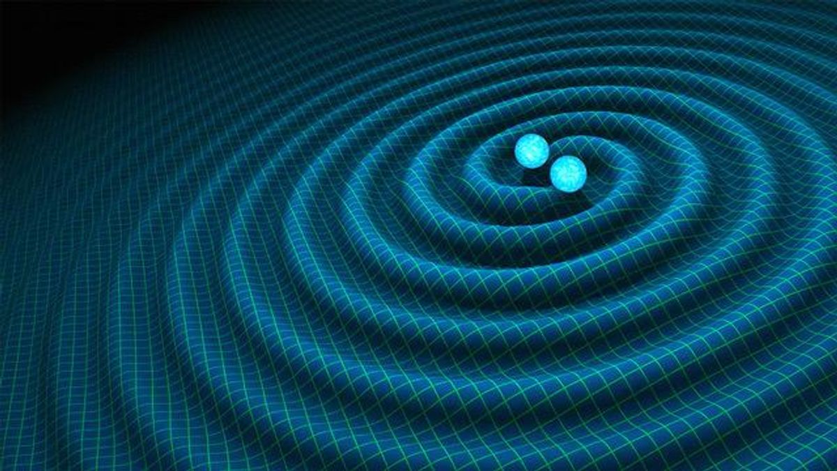An artist's rendition of the final moments of a pair of black holes. The generation of waves in the curvature of space and time surrounding the merging black holes is one primary focus of research of Prof. Khanna's group in the Physics Department at Ƶ. Credits: R. Hurt/Caltech-JPL