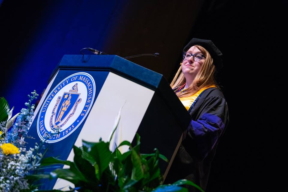 Alicia Blanchard, JD '18 giving student address at 2018 UMass Law Commencement
