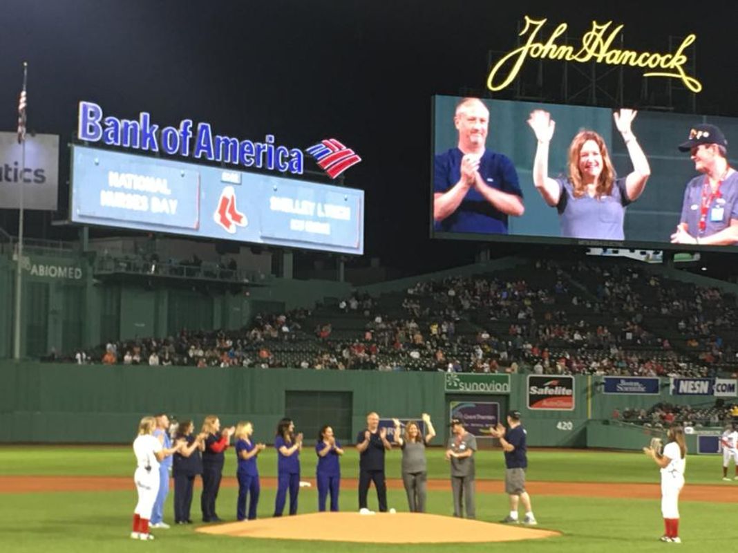 Nurse Hero Shelley Lynch being introduced at Fenway Park