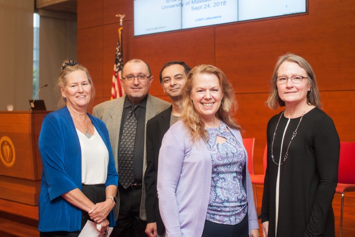 LIGO engineer Janeen Romie with UMass Dartmouth College of Engineering deans and faculty before presentation on September 24, 2018.