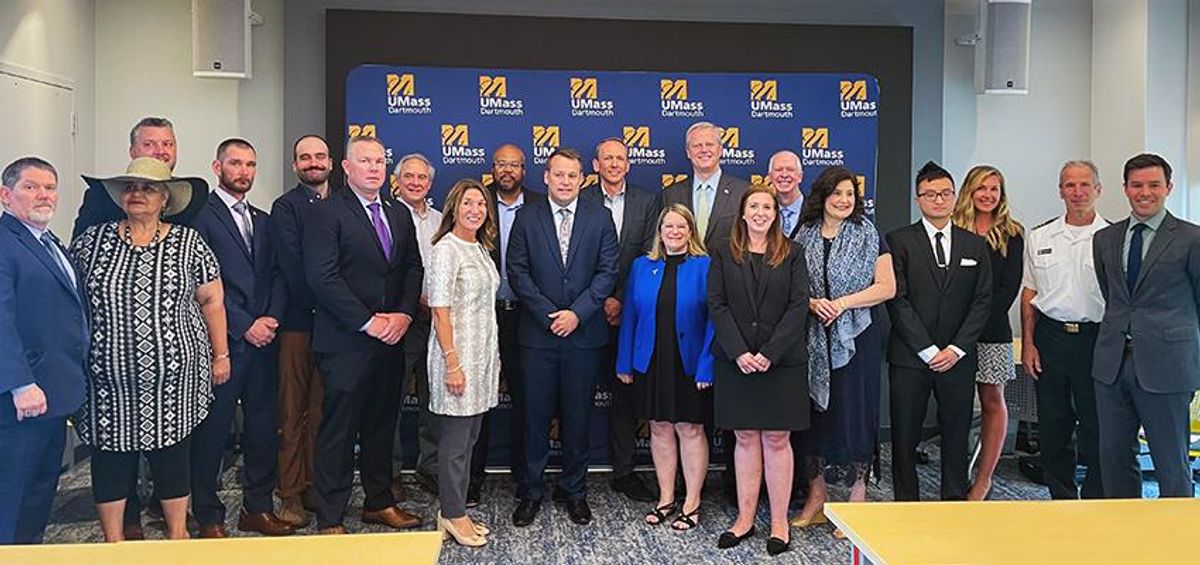 Offshore wind grant recipients from UMass Dartmouth and eight other institutions gathered with Governor Charlie Baker and Lt. Gov. Karyn Polito