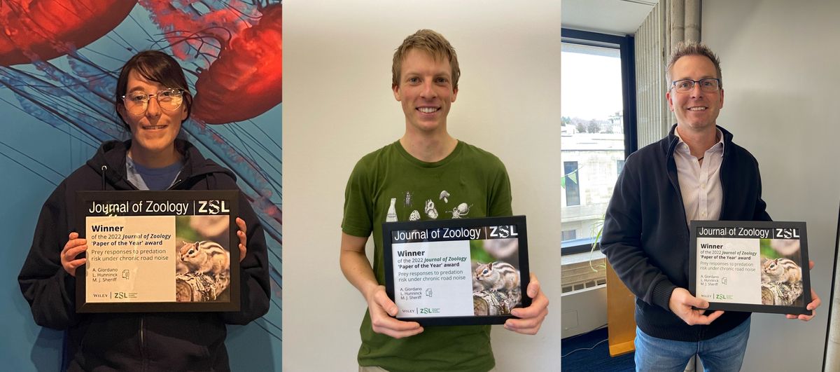 Alyssa Giordano (left), Louis Hunninck (center), and Associate Professor of Biology, Michael Sheriff pose with their 