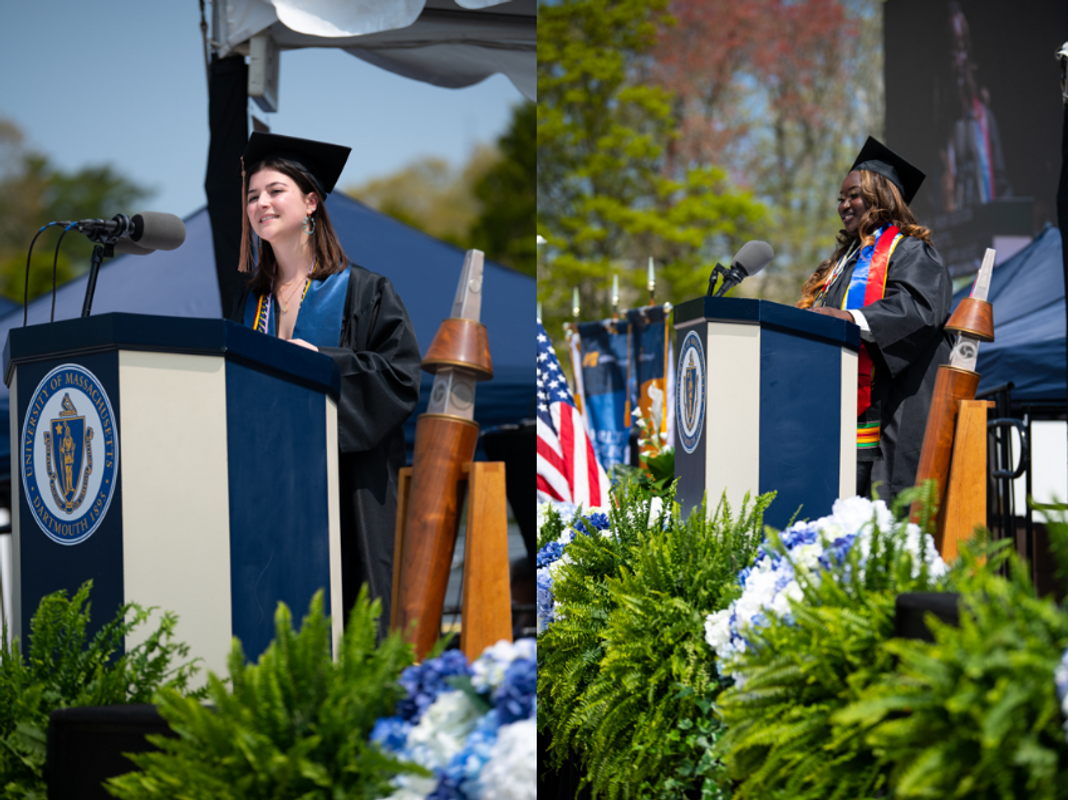 Two student speakers at podium