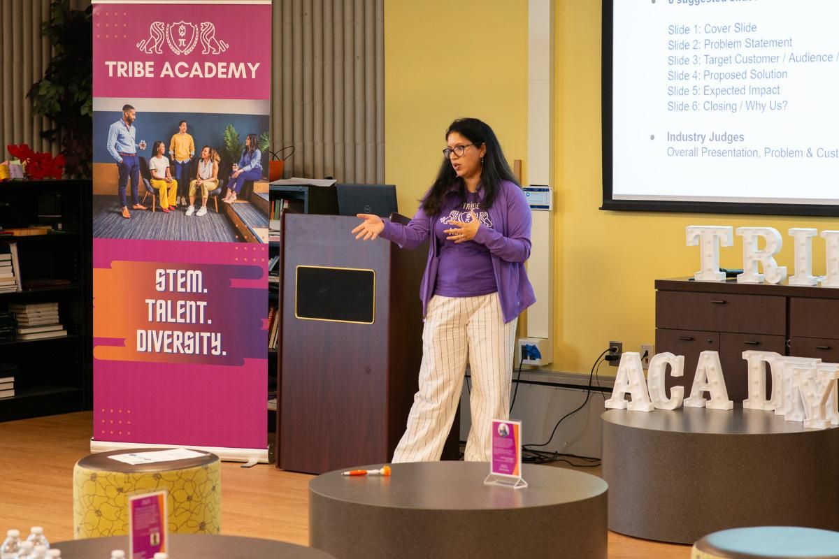 Nishita Roy-Pope, Founder & CEO of Tribe Academy, presented on the team project where students were challenged to work together to propose a unique concept to increase inclusion and access in the blue tech sector. Photo Credit: Tribe Academy