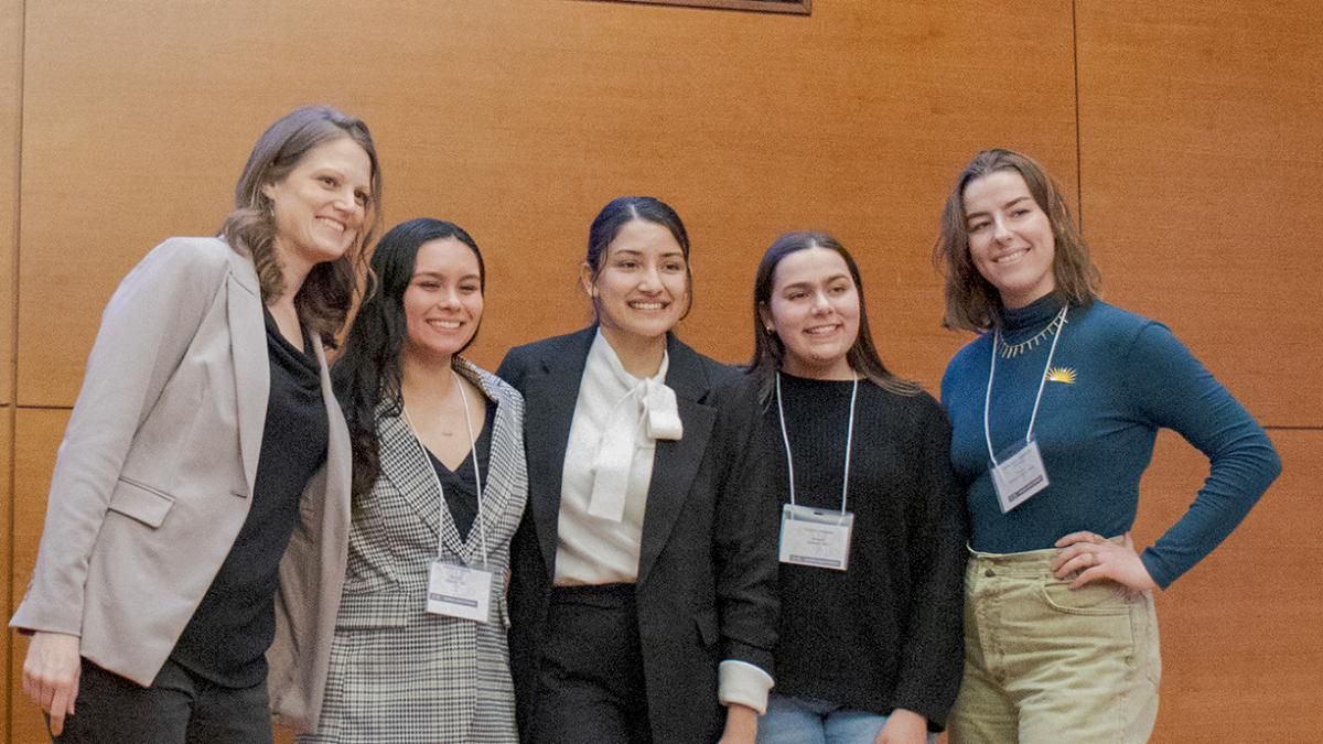 Professor Stephanie McGoldrick and Judge's Choice winners Makayla Princiotta '25, Apeksha Prasai '25, Christine Sebastiao '26, and Monika Kristjansdottir '25