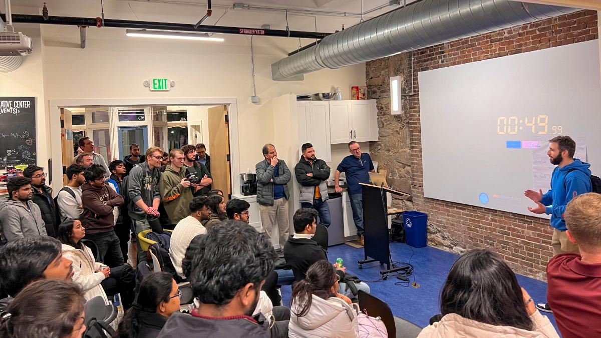 A student presents an idea for a startup venture in just 60 seconds.