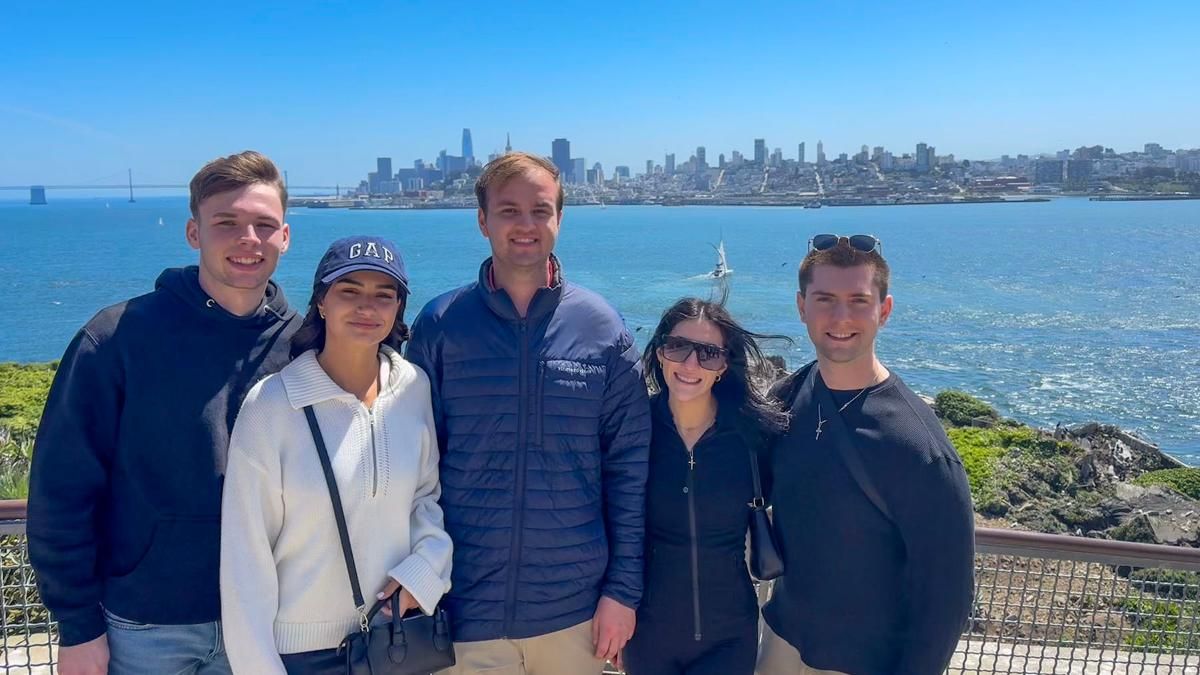 Cody Neto, Bianca Almedia, Christopher Peters, Jordan McLoud, and Chris Brooks pictured on Alcatraz Island.