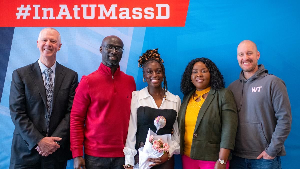 UMassD Chancellor Fuller and Audrey Nortey with her parents and high school principal at the Founders' Signing Day