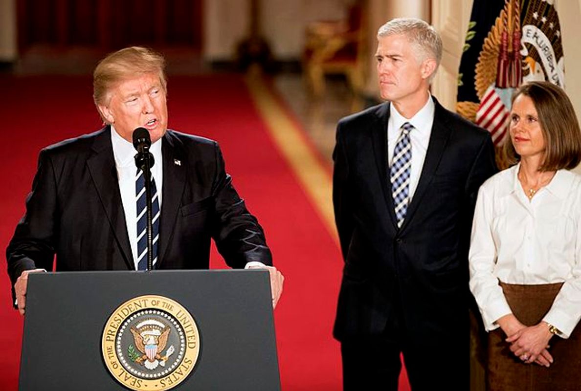Judge Neil Gorsuch is announced as President Donald Trump's nominee to the U.S. Supreme Court, Jan. 31, 2017, with Gorsuch's wife, Marie Louise Gorsuch (public domain photo)