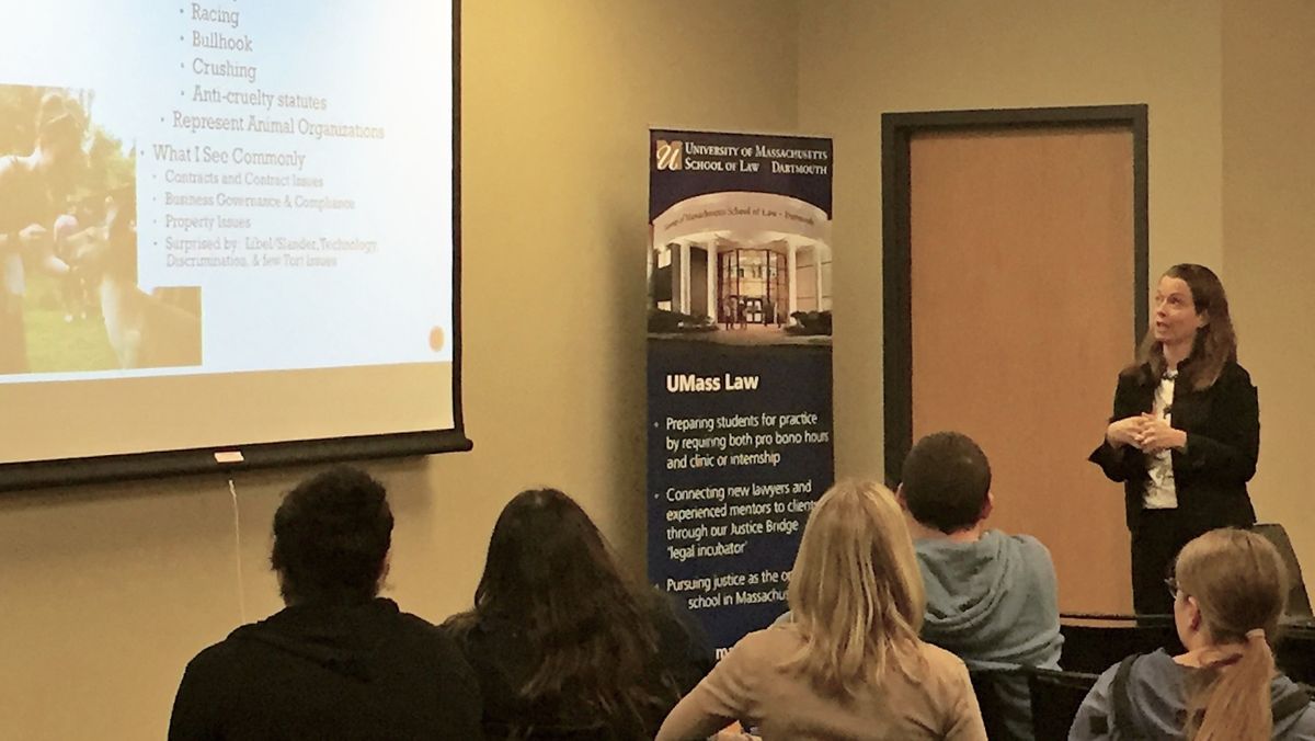 Professor C.J. Vachon talks about animal law to Student Animal Legal Defense Fund audience, March 2, 2017