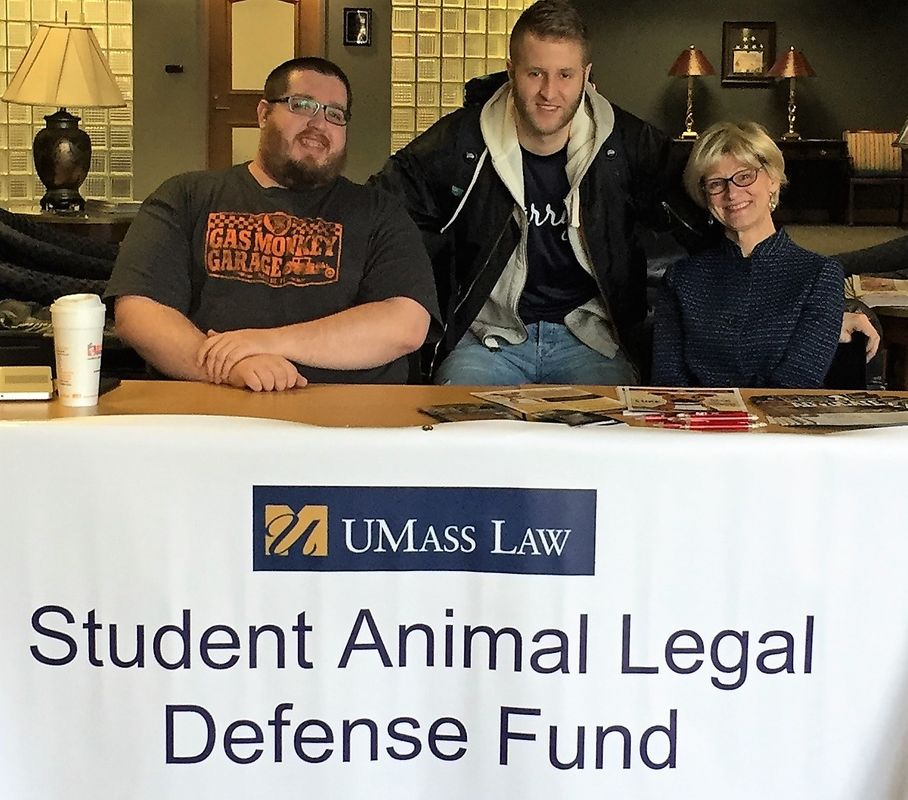 Student Animal Legal Defense Fund tabling event, March 2, 2017, with SALDF President Anthony Voss, member Casey Christo, and Vice President Mary Chaffee