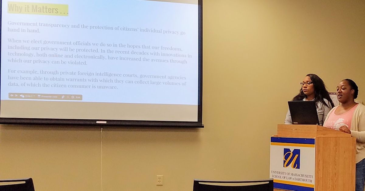 Law students Sache Rockamore and Jennifer Flemister give a presentation on freedom of information and public access to the judiciary as part of a public educational program they created for a project in Legal Skills III.