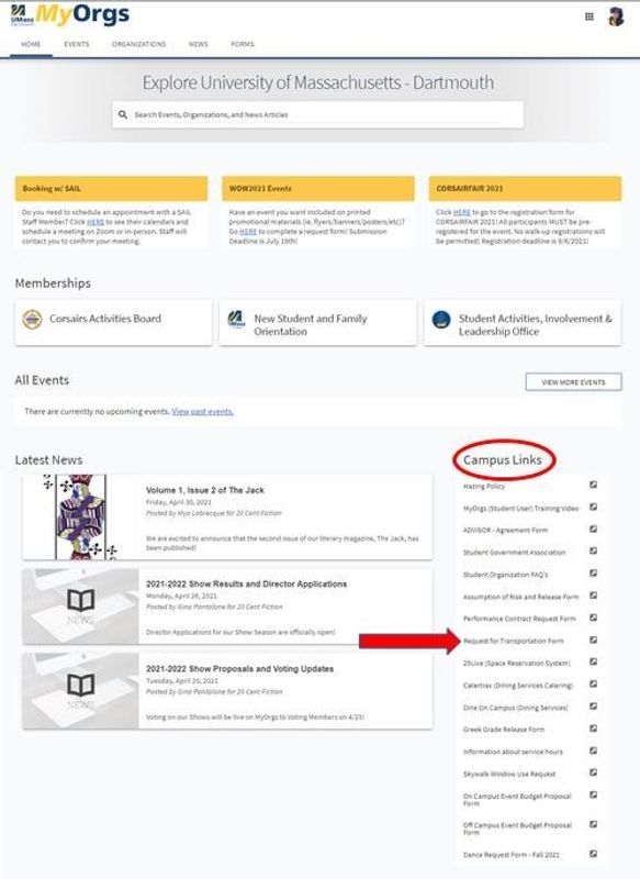 Transportation Request Form through MyOrgs