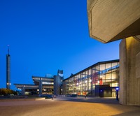 Exterior view of the Claire T. Carney Library at night