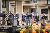 The Pep Band performs on the campus quad at Blue & Gold Weekend in the Fall of 2021