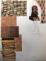 Notebook Process, 2021, An example of the collaging that takes place during inspiration research. Images are placed together, and even on croquis to create texture, silhouette, and fabrication.