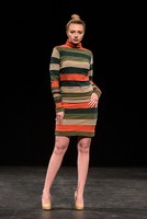 Striped Terry Dress, 2021, A cocktail dress made of strips of knit french terry sewn together. The scrunched effect is created by elongating the sleeves.