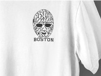 Cheevers, 2022, Boston Hockey front t-shirt design closeup of famed goalie Gerry Cheevers mask, 3 x 3.5 in