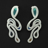 Whiplash Motif Earrings, 2022, transparent enamel and fine silver, 2 x 3/4 x 3/8 in