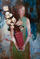 Honorable Mention: Derrick Li, Woman with Vase, 2022, water based oil on canvas, 24 x 30 in.