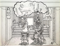 Relevance, 2022, characters I made reconciling at a bar and discussing their past lives of success.