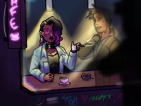 Late Night Dealings, 2023, celeste (left) sitting in a cafe waiting for a client who is very late
