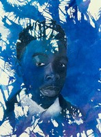 3rd PLACE AWARD - Isaiah Agyekumi (freshman), Self Portrait - Mysterious Blue Boy, 2023, ink, charcoal | Avon Old Farm (Avon, CT), Teacher: Cristina Pinton