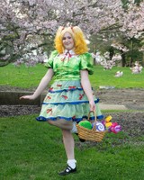 Crossing Secretary, 2024, evening dress inspired by Isabelle from the Animal Crossing series, red carpet wear designed for video game developers and gaming influencers.