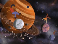 SATURN, 2024, playing hopscotch on moons, 12 x 9 in.