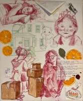 Growing, 2024, oil paint, pen, paper, thread, wax, and foliage on canvas, 23 ½ x 19 ½ in.