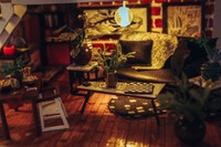 Freshly Moved In, 2024, wood, fabric, beads, mixed media, 10.75 x 6.5 x 8 in.