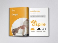 Aspire Spread 3, 2026, sample spreads of the logo chapter and logo concept pages, 16 x 10 in.