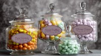 Sugarwood, 2026, candy labels with candy jars, 22.32 x 12.5 in.