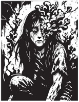 EATING DECAY, 2025, this work expresses what it's like to be like the true living dead where the live subject is being taken over by fungal like growth, pen and ink, 9x12 in.