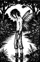 ALONE, 2025, a still of a person in the woods alone and somber, sad looking to his reflection for guidance, pen and ink, 9x12 in.