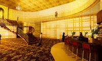 Encore Haven Suites, 2024, perspective rendering of lobby staircase & bar area developed in Revit, digital