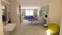 Mountain Breeze Maternity Patient Room, 2025, a clinical healthcare design for labor, delivery, and postpartum recovery. Local art pieces represent the native Goldenrod of Plymouth, MA.