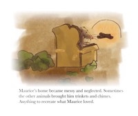 Retrospective Rat, 2026, A fireplace illuminates the uncleanly state of the rat's home as he slumps in a cardboard chair, 14.88 x 12.5 in.