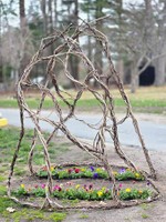 Mom’s Bed, 2026, wood, invasive vines sourced from the UMass Dartmouth Campus and surrounding woods, laminated journal entries, fabric, feathers, felt, wire, 67 x 37 x 72 in.